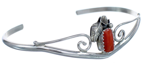 Coral Sterling Silver Scalloped Leaf Navajo Cuff Bracelet BX120207