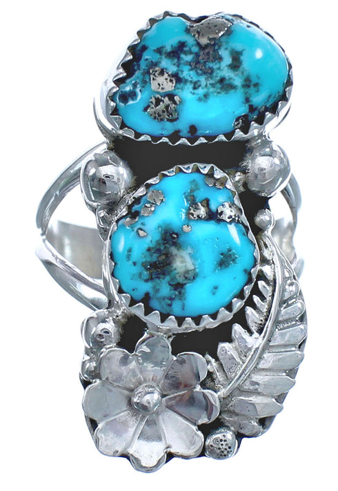 Sterling Silver Turquoise Native American Flower And Leaf Ring Size 7-1/4 BX120088