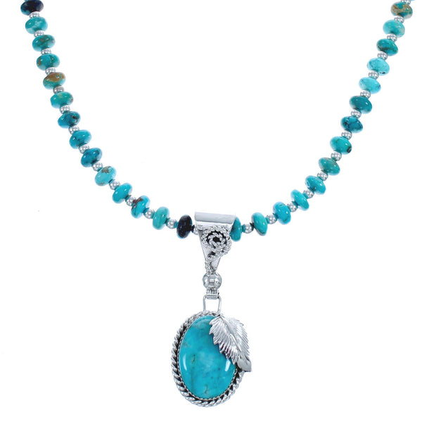 Genuine Sterling Silver Leaf Turquoise Navajo Bead Necklace Set BX120371