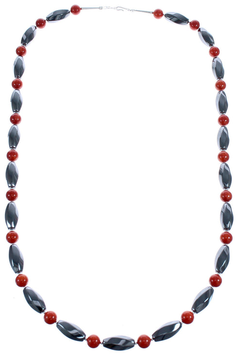 Coral Hematite Authentic Sterling Silver Bead Southwest Necklace BX120507