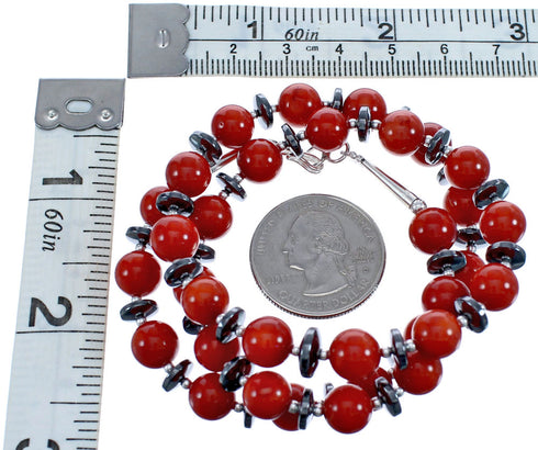 Bead Coral and Hematite Sterling Silver Southwestern Necklace BX120509
