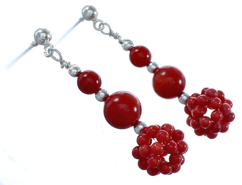 Authentic Sterling Silver Fancy Coral Bead Post Dangle Earrings BX120504