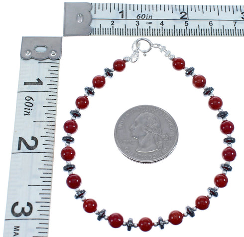 Southwestern Coral And Hematite Sterling Silver Bead Bracelet BX120505
