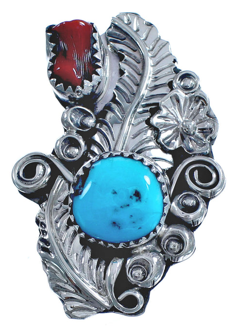 Navajo Flower Turquoise Coral Sterling Silver Ring Size 6-3/4 BX120028