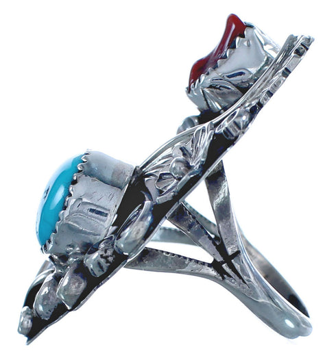 Navajo Flower Turquoise Coral Sterling Silver Ring Size 6-3/4 BX120028