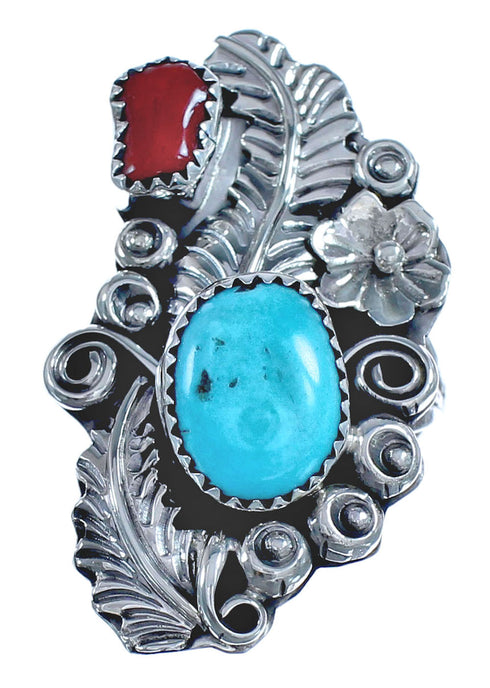 American Indian Flower Turquoise Coral Sterling Silver Ring Size 7-1/2 BX120030