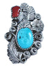American Indian Flower Turquoise Coral Sterling Silver Ring Size 7-1/2 BX120030
