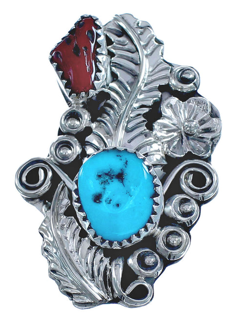 Flower Turquoise Coral Authentic Sterling Silver American Indian Ring Size 6-3/4 BX120033