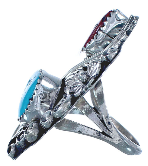 Flower Turquoise Coral Authentic Sterling Silver American Indian Ring Size 6-3/4 BX120033