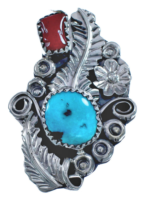 Native American Flower Turquoise Coral Genuine Sterling Silver Ring Size 6-1/2 BX120035