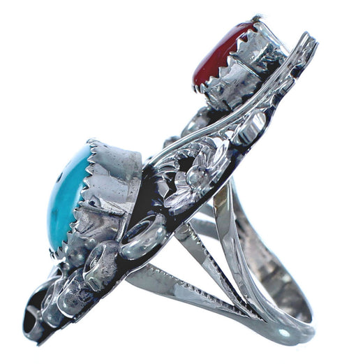 Native American Flower Turquoise Coral Genuine Sterling Silver Ring Size 6-1/2 BX120035
