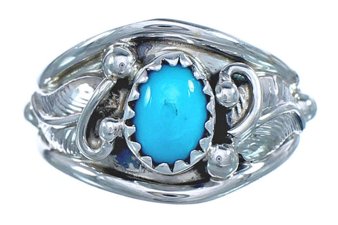 Native American Authentic Sterling Silver Scalloped Leaf Turquoise Ring Size 5-1/2 BX120038