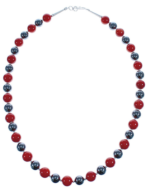 Southwest Hematite And Coral Authentic Sterling Silver Bead Necklace BX120482