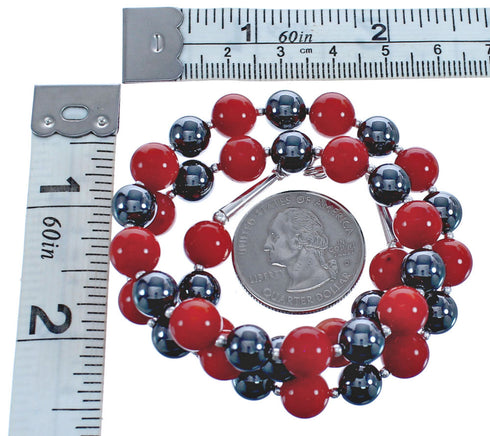 Southwest Hematite And Coral Authentic Sterling Silver Bead Necklace BX120482