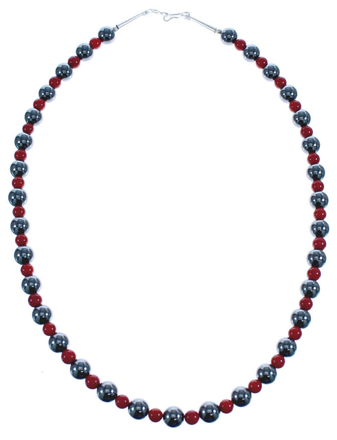 Hematite And Coral Southwestern Sterling Silver Bead Necklace BX120483