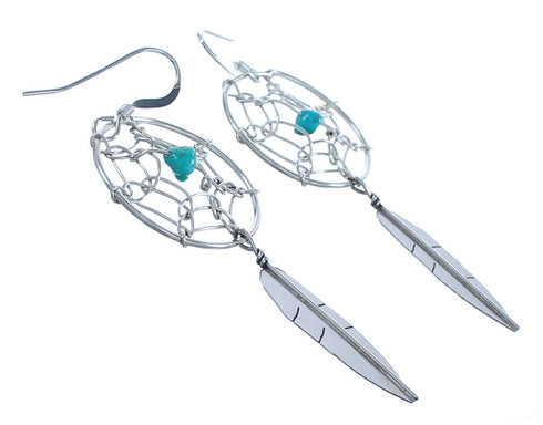 Turquoise Dream Catcher Feather Sterling Silver Navajo Hook Dangle Earrings BX120131