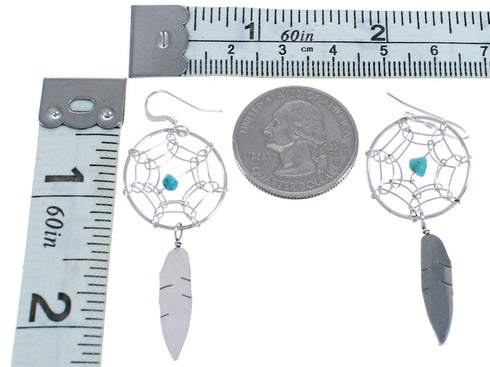 Turquoise Dream Catcher Feather Sterling Silver Navajo Hook Dangle Earrings BX120131