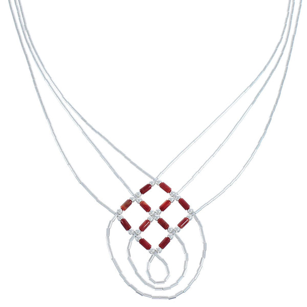 Hand Strung Liquid Silver Red Oyster Shell Basket Weave Necklace LS45RO