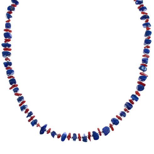 Coral And Lapis Authentic Sterling Silver Beaded Necklace BX120594