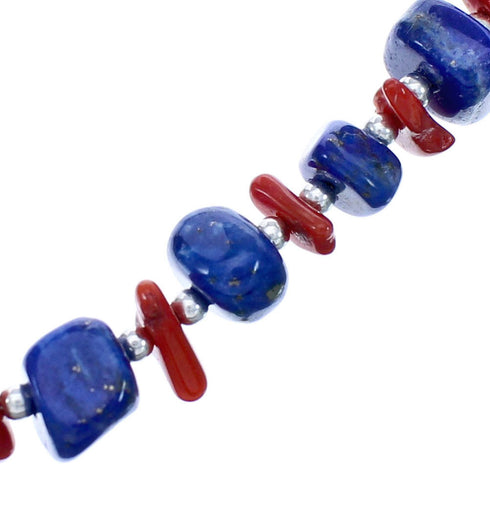 Coral And Lapis Authentic Sterling Silver Beaded Necklace BX120594