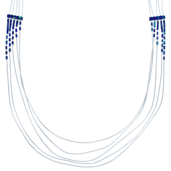 Azurite 5-Strand Bead Liquid Silver Hand Strung Necklace BX120671