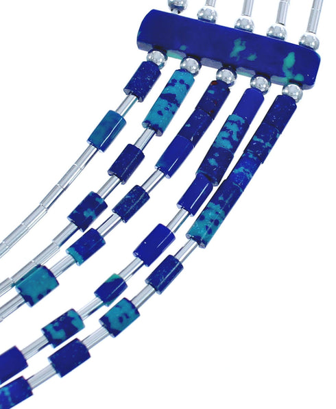 Azurite 5-Strand Bead Liquid Silver Hand Strung Necklace BX120671