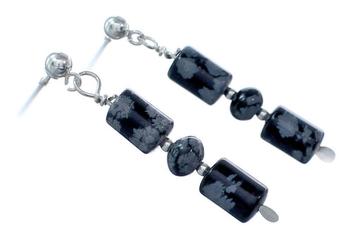 Snowflake Obsidian Genuine Sterling Silver Bead Post Dangle Earrings KX120947