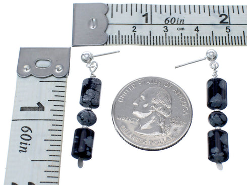 Snowflake Obsidian Genuine Sterling Silver Bead Post Dangle Earrings KX120947