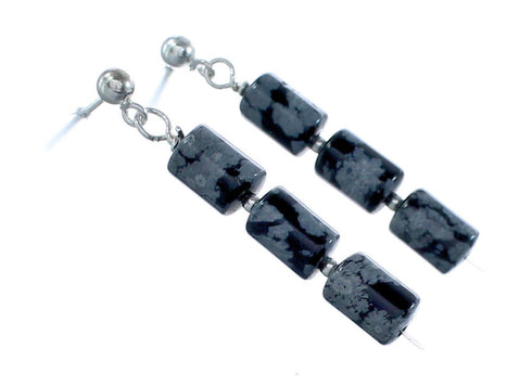 Snowflake Obsidian Genuine Sterling Silver Bead Post Dangle Earrings KX120948