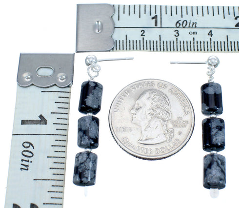 Snowflake Obsidian Genuine Sterling Silver Bead Post Dangle Earrings KX120948