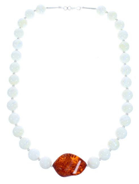 Sterling Silver Mother of Pearl and Amber Bead Necklace KX120913