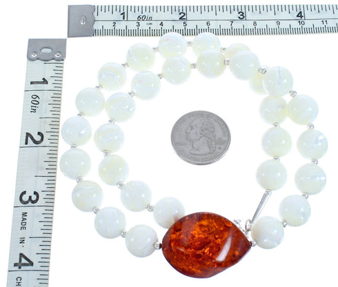 Sterling Silver Mother of Pearl and Amber Bead Necklace KX120913