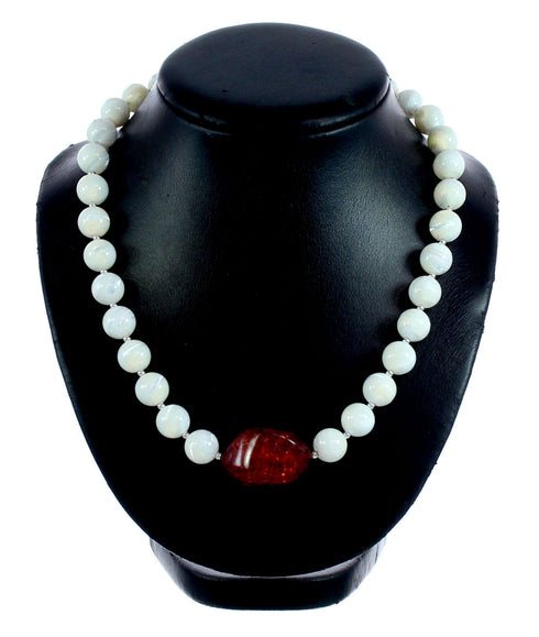 Sterling Silver Mother of Pearl and Amber Bead Necklace KX120913