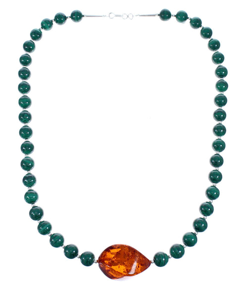 Sterling Silver Malachite and Amber Bead Necklace KX120922
