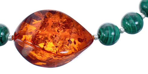 Sterling Silver Malachite and Amber Bead Necklace KX120922