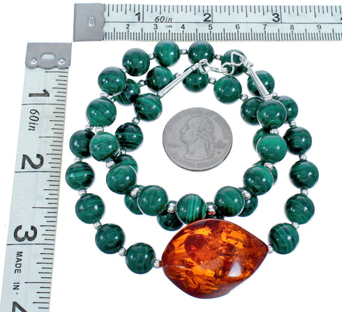 Sterling Silver Malachite and Amber Bead Necklace KX120922