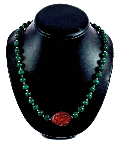Sterling Silver Malachite and Amber Bead Necklace KX120922