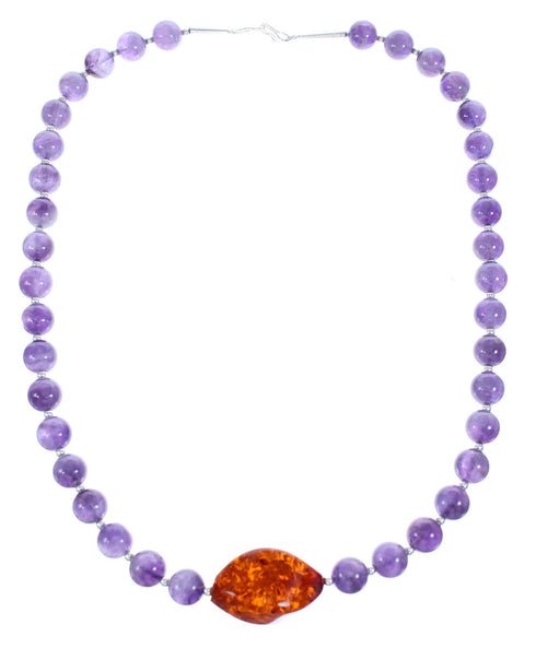 Amethyst and Amber Sterling Silver Bead Necklace KX120924