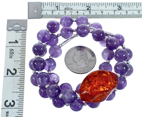 Amethyst and Amber Sterling Silver Bead Necklace KX120924