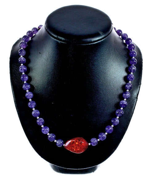 Amethyst and Amber Sterling Silver Bead Necklace KX120924