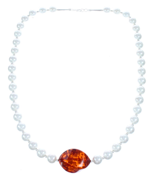 Sterling Silver Fresh Water Pearl and Amber Bead Necklace KX120925