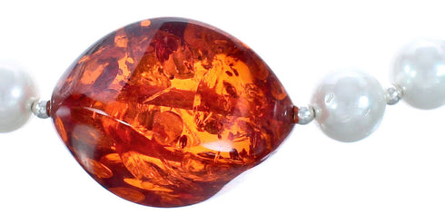 Sterling Silver Fresh Water Pearl and Amber Bead Necklace KX120925