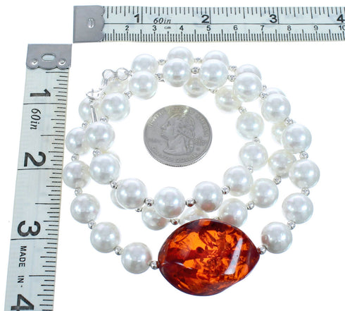 Sterling Silver Fresh Water Pearl and Amber Bead Necklace KX120925