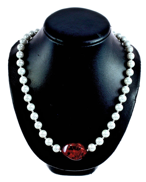 Sterling Silver Fresh Water Pearl and Amber Bead Necklace KX120925