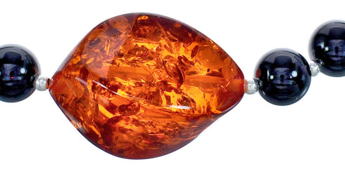 Authentic Sterling Silver Onyx and Amber Bead Necklace KX120928