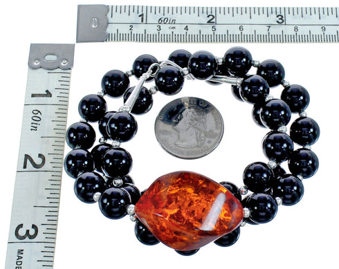 Authentic Sterling Silver Onyx and Amber Bead Necklace KX120928