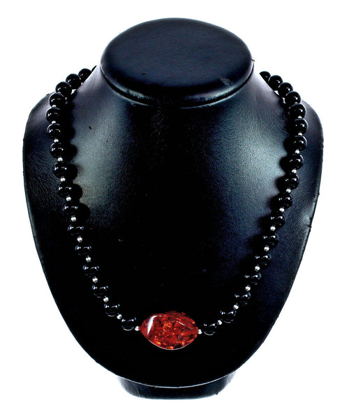 Authentic Sterling Silver Onyx and Amber Bead Necklace KX120928