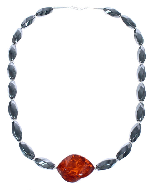 Southwest Genuine Sterling Silver Hematite and Amber Bead Necklace KX120927