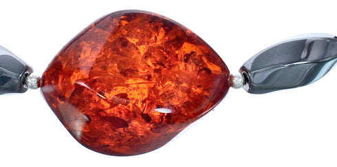 Southwest Genuine Sterling Silver Hematite and Amber Bead Necklace KX120927