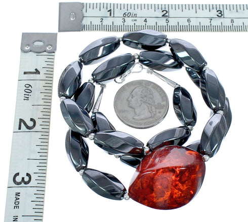 Southwest Genuine Sterling Silver Hematite and Amber Bead Necklace KX120927